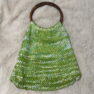 Handmade Boho Hippie Green Knit Women's Bag with Wooden Ring Handles